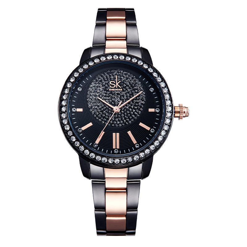 SK Luxury Women’s Quartz Watch – Diamond Accent Steel Strap Waterproof Wristwatch