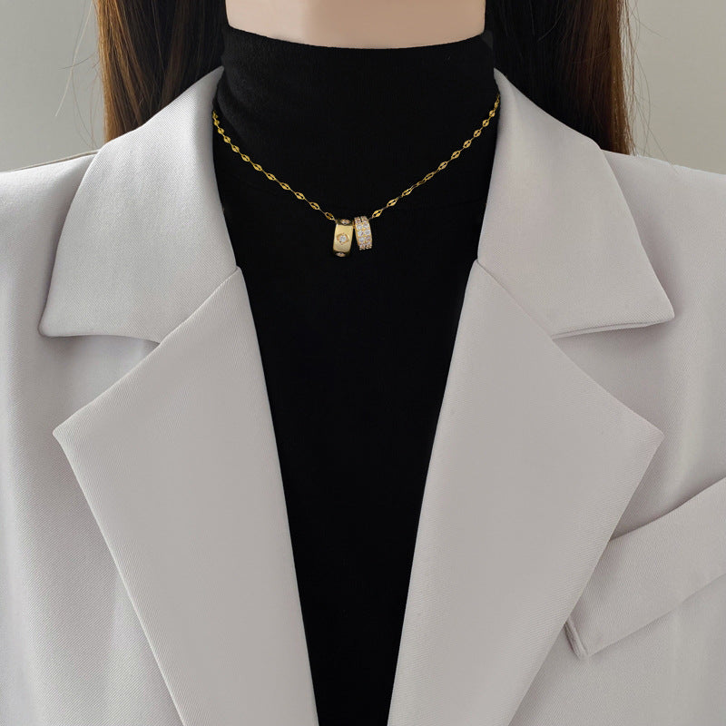 Women' Double Ring Pendant Necklace – Luxury Titanium Steel Diamond Clavicle Chain