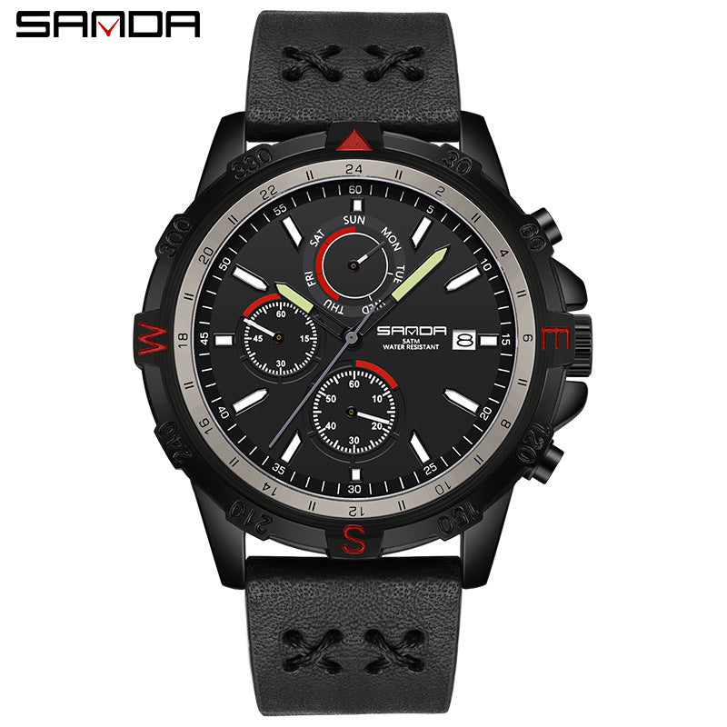 SANDA Men's Outdoor Sports Quartz Watch – Calendar, Detachable Leather Strap
