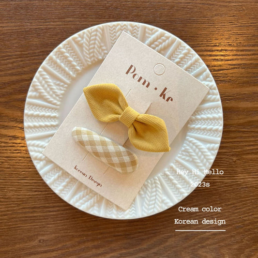 Korean Cream Fabric Bow Hair Clips for Girls – Plaid & Solid Color BB Hairpins