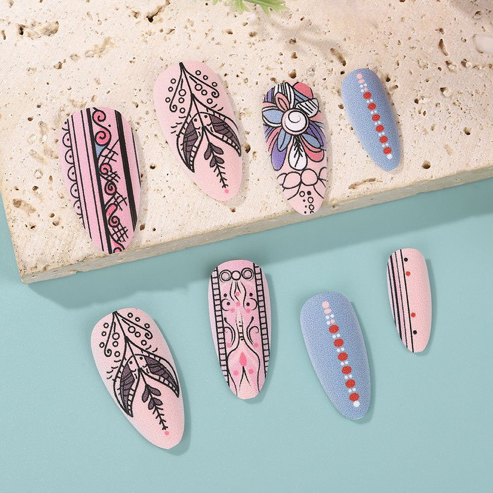 Long Almond Press-On Nails – Boho Chic Floral & Tribal Acrylic Nail Art Set