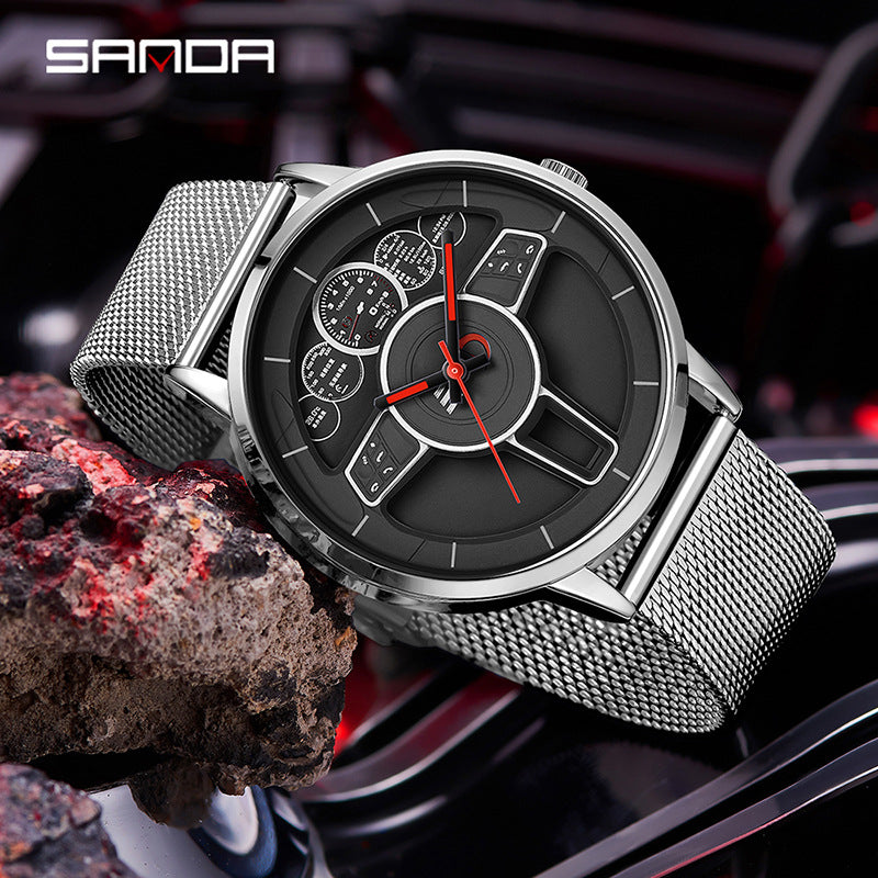 SANDA Steering Wheel Men’s Quartz Watch – Mesh Strap Waterproof Business Wristwatch