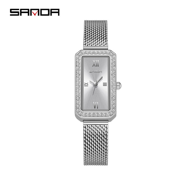 SANDA Women's Quartz Watch – Retro Diamond-Accented, Mesh Steel Band