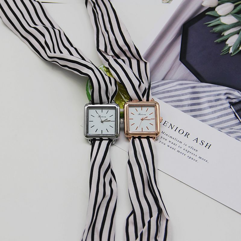 Women’s Square Quartz Watch with Striped Cloth Strap - World Time, Minimalist Fashion