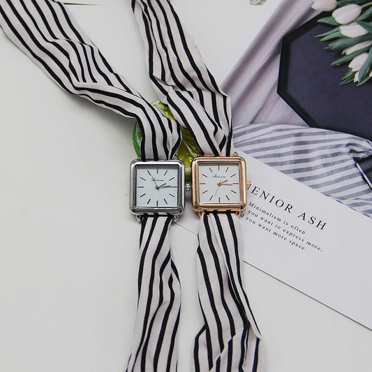 Women’s Square Quartz Watch with Striped Cloth Strap - World Time, Minimalist Fashion