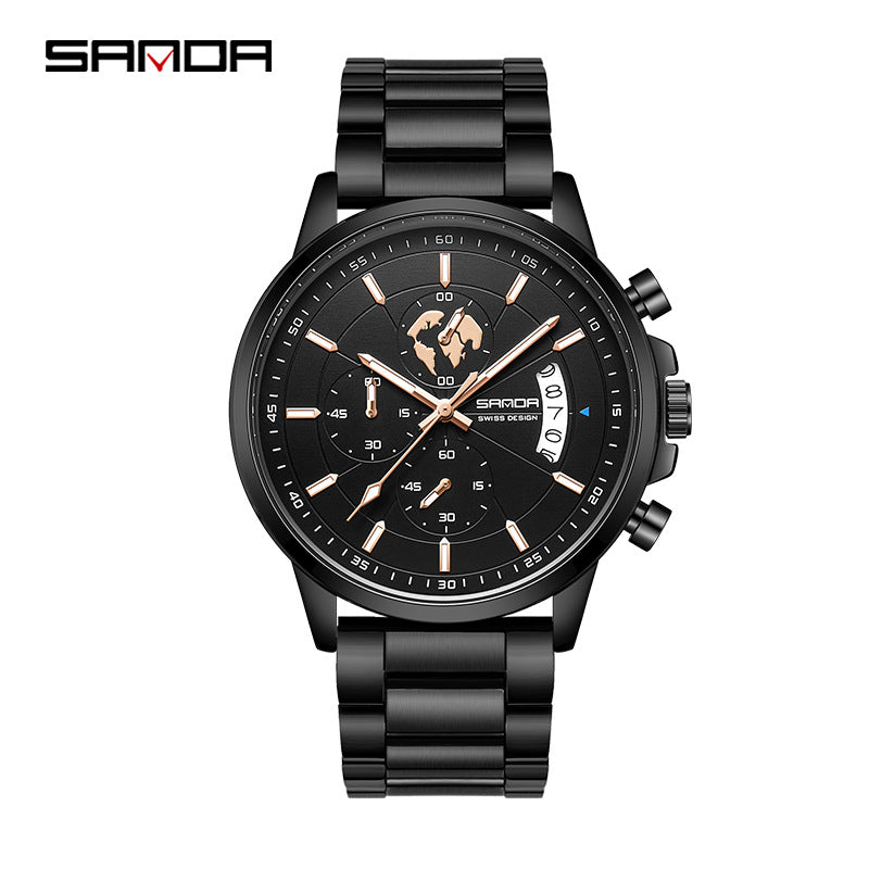 Sanda Men’s Quartz Watch – Three-Eye Chronograph, 30M Waterproof Casual Analog Watch
