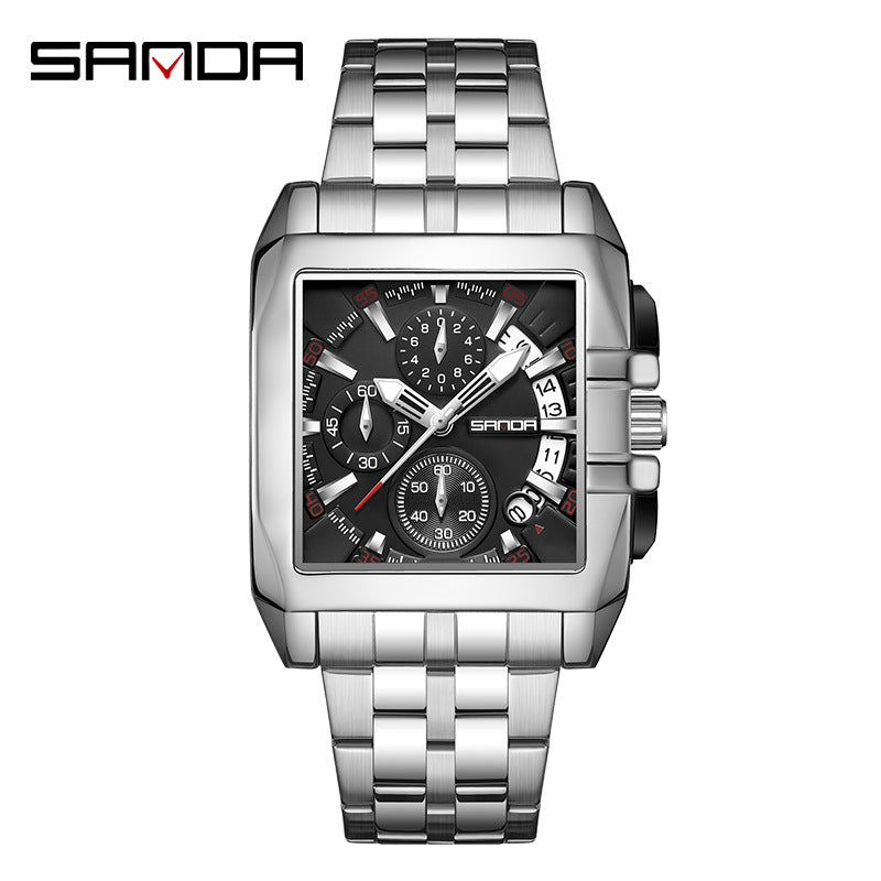 SANDA Luminous Men’s Square Quartz Watch – Stainless Steel Strap with Calendar