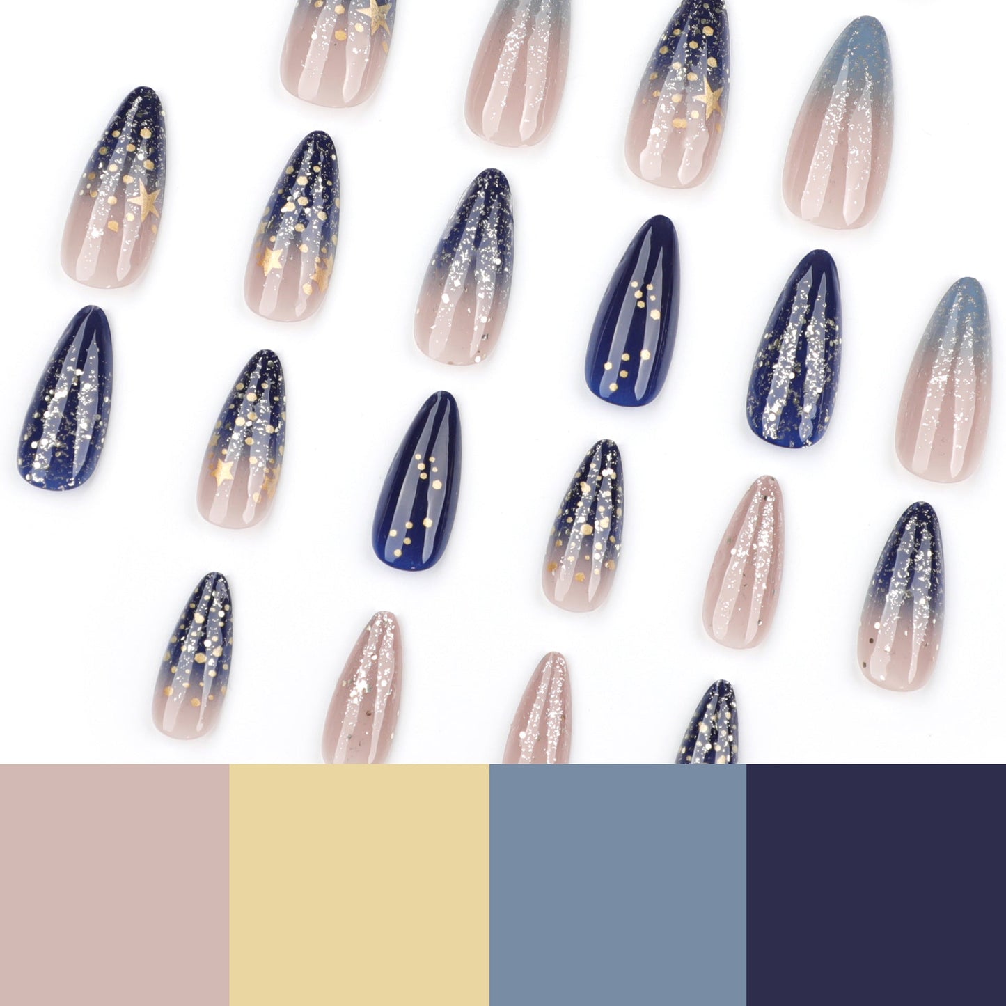 Celestial Stiletto Press-On Nails – Navy & Gold Gradient with Star Glitter, Long Glue-On Set