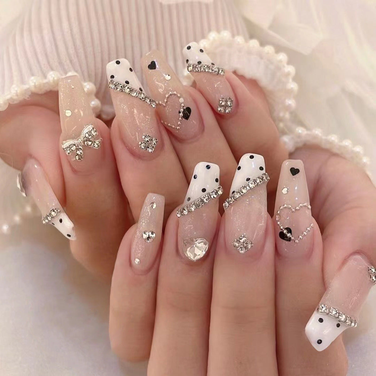 Long Coffin Press-On Nails with Rhinestone Hearts & Polka Dots – Wearable Nail Art