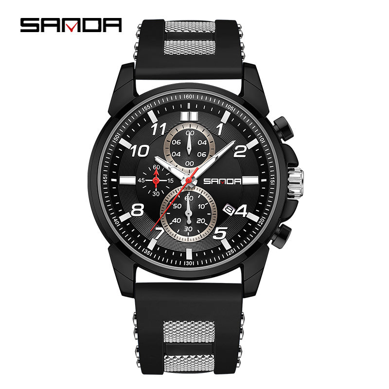 Sanda Men’s Silicone Quartz Watch – Three-Eye Chronograph, Waterproof Business Watch
