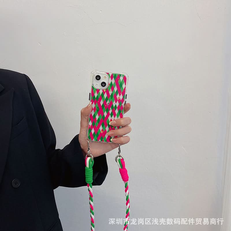 Splicing Diamond iPhone Case with Crossbody Lanyard