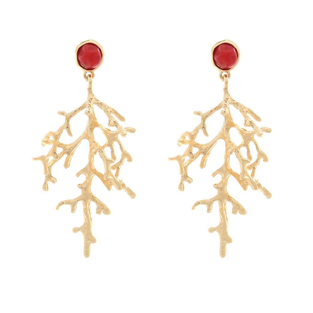 Retro Coral Pendant Earrings for Women – Textured Alloy Ocean Style Jewelry