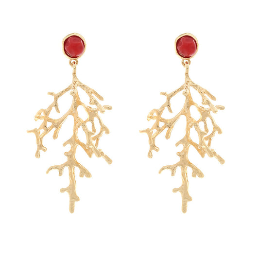 Retro Coral Pendant Earrings for Women – Textured Alloy Ocean Style Jewelry