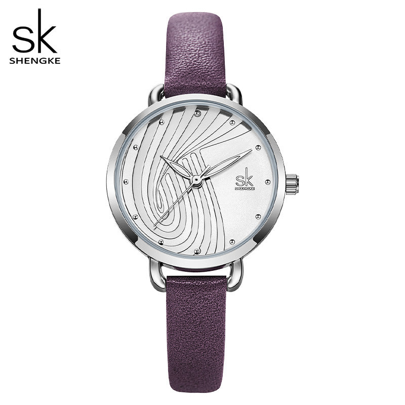 SK Women’s Quartz Watch – Simple Round Dial, Thin Leather Strap, Waterproof Wristwatch