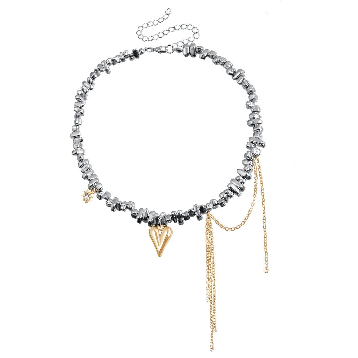 Silver Heart Tassel Necklace for Women – Irregular Beaded Clavicle Chain Jewelry