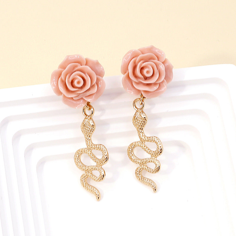 Women’s Geometric Rose Earrings – Retro Snake-Shaped Metal Long Drop Design
