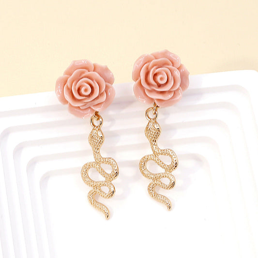 Women’s Geometric Rose Earrings – Retro Snake-Shaped Metal Long Drop Design