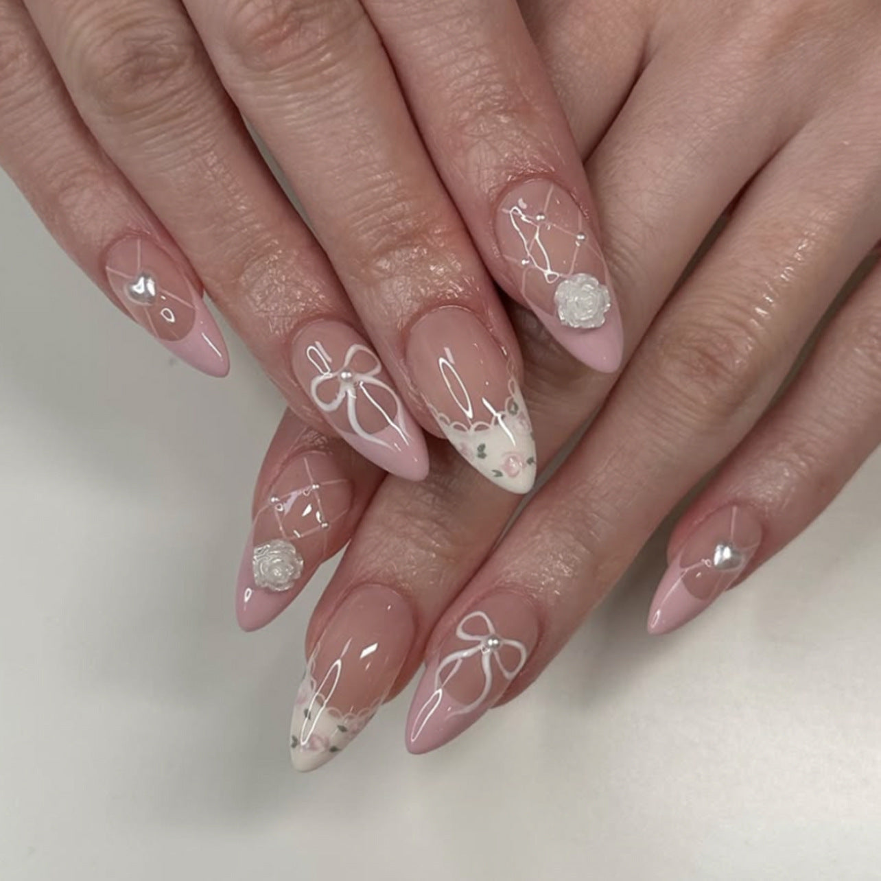 Sweet Lace Floral Press-On Nails – 3D Camellia Design, Glossy Almond Shape