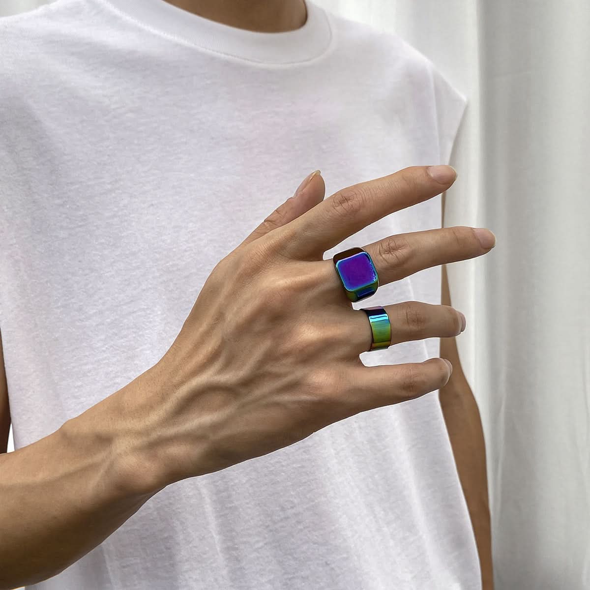 Men’s Colorful Geometric Metal Rings, 2-Piece Set