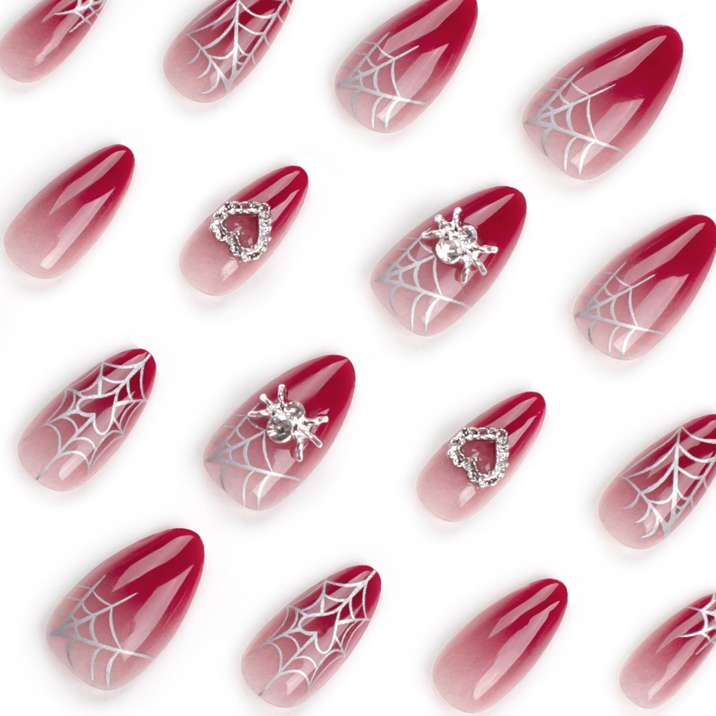 Red Ombre Spiderweb Press-On Nails – Medium Oval with Heart Rhinestones