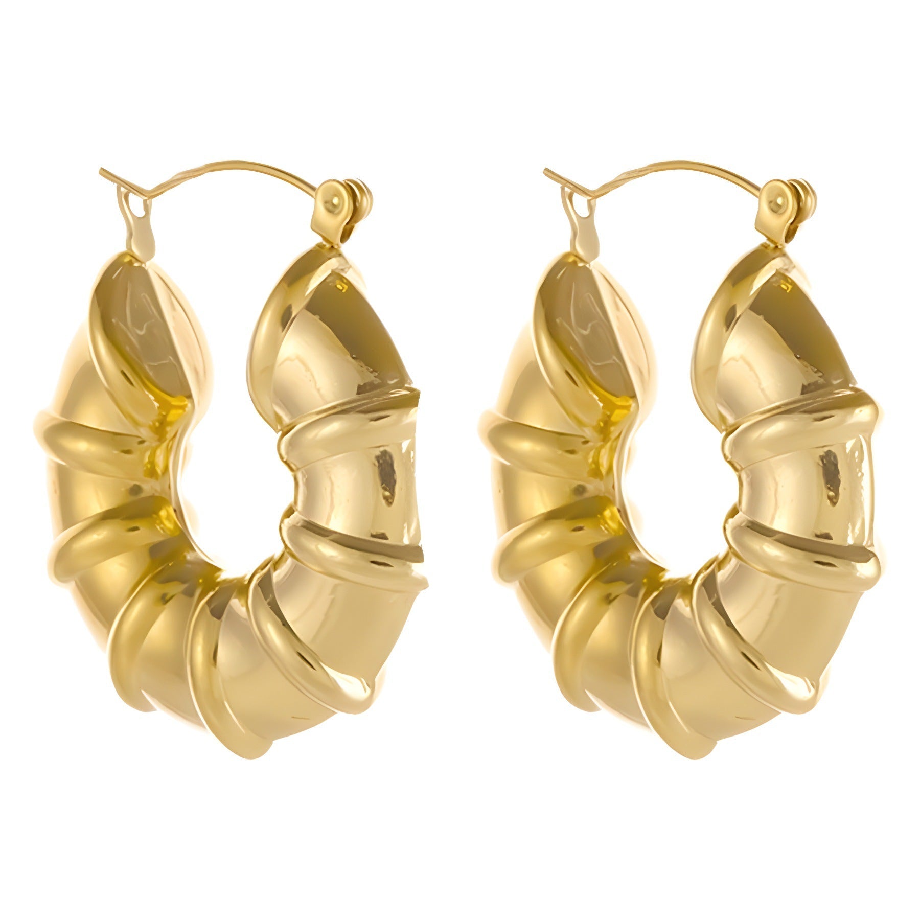 Chunky Retro Gold Hoop Earrings - Lightweight Stainless Steel Spiral Wrap Design