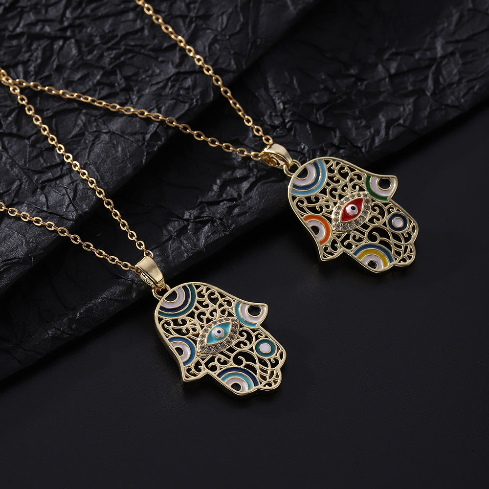 Evil Eye Palm Pendant Necklace – Unisex Hip Hop Gold-Plated Copper Chain