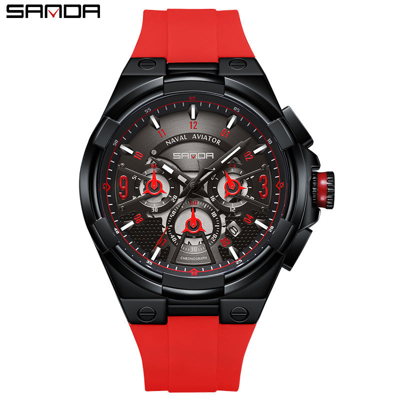Sanda Men’s Silicone Quartz Watch – Hollow Three-Eye Chronograph, Waterproof Watch
