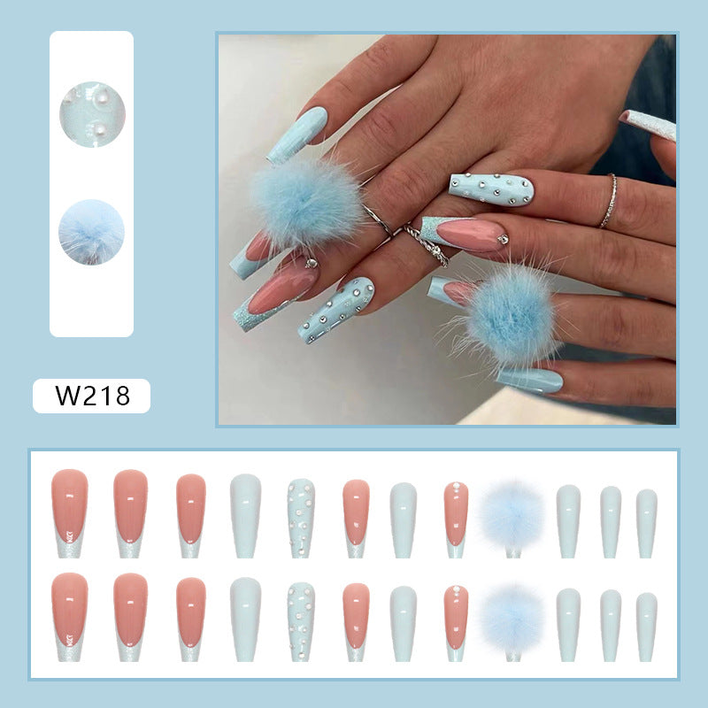 Long Blue Coffin Press-On Nails – Rhinestone & Pom Accent Acrylic False Nails