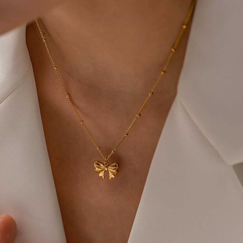 Golden Alloy Bow Pendant Necklace for Women - Fashion Jewelry