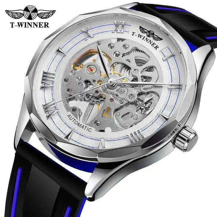 T-Winner Men’s Fashion Round Skeleton Manual Mechanical Watch – Silicone Strap
