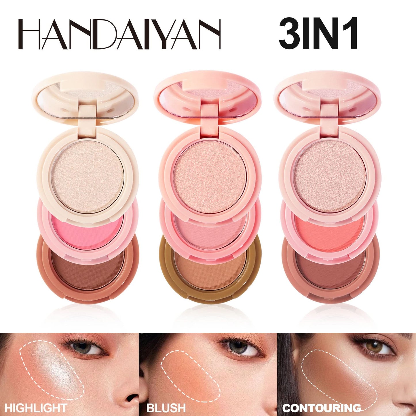 Handaiyan 3-in-1 Contour, Highlighter & Blush Palette – Glow-Boosting