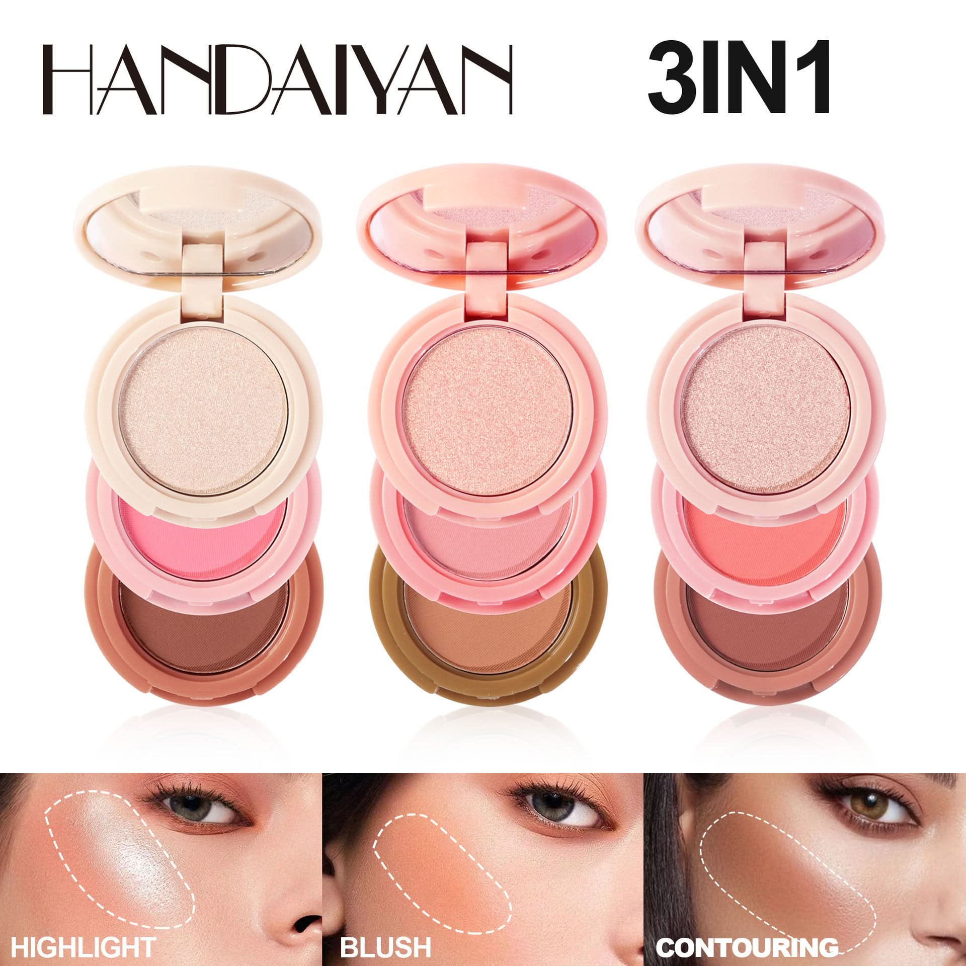 Handaiyan 3-in-1 Contour, Highlighter & Blush Palette – Glow-Boosting