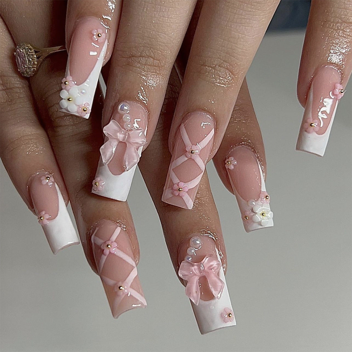 Cute Pink Coffin Press-On Nails – 3D Bow & Floral Design, Medium Length Nails