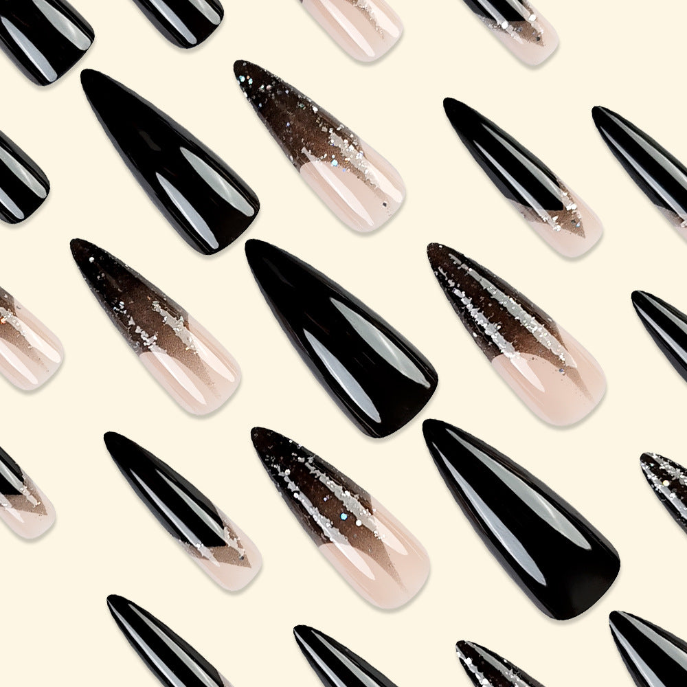Black French Glitter Press-On Nails – Long Stiletto Acrylic Gradient Tips