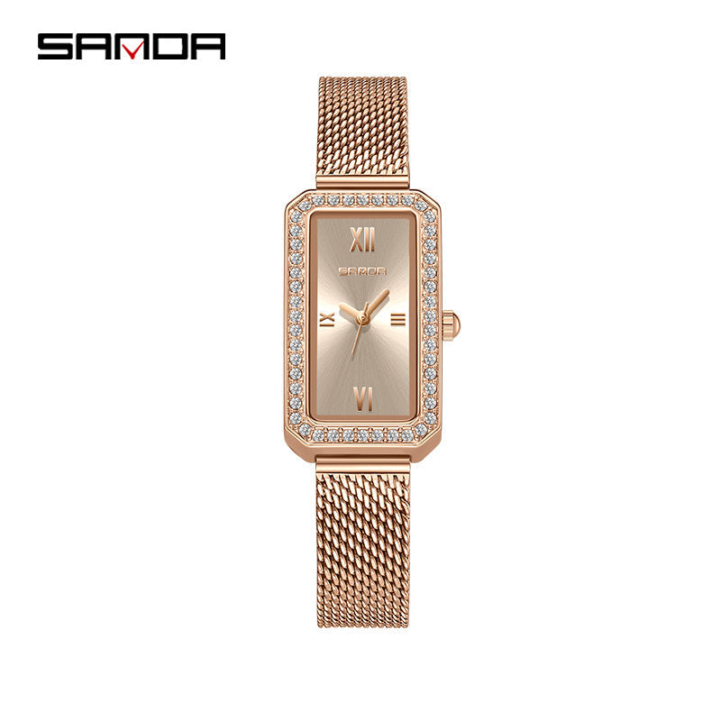 SANDA Women's Quartz Watch – Retro Diamond-Accented, Mesh Steel Band
