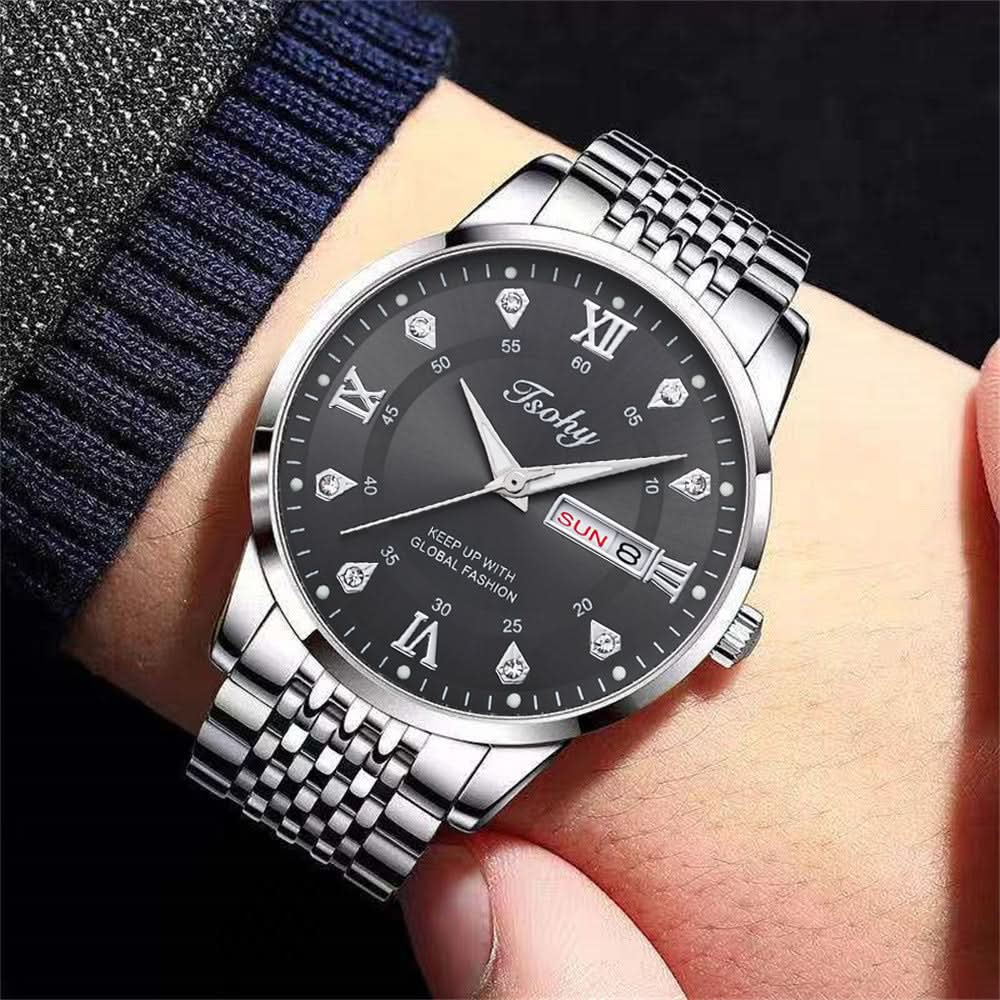 Men's Business Style Quartz Watch – Calendar & Week Display, Alloy Strap