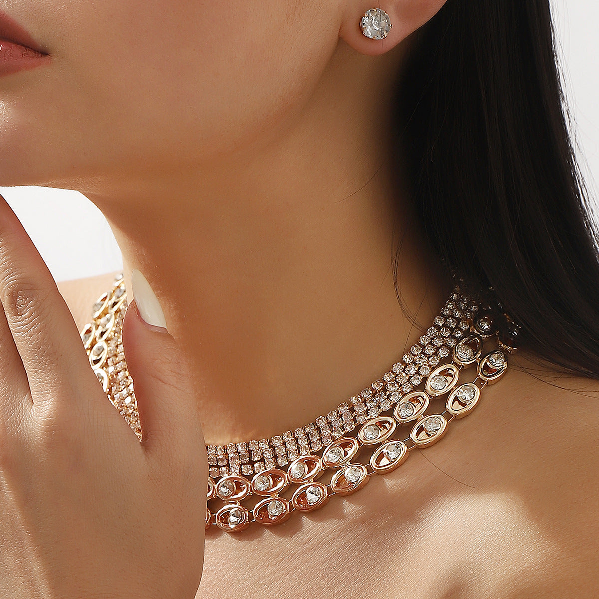 Luxury Gold Diamond Inlay Necklace & Earring Set – Geometric Jewelry for Women