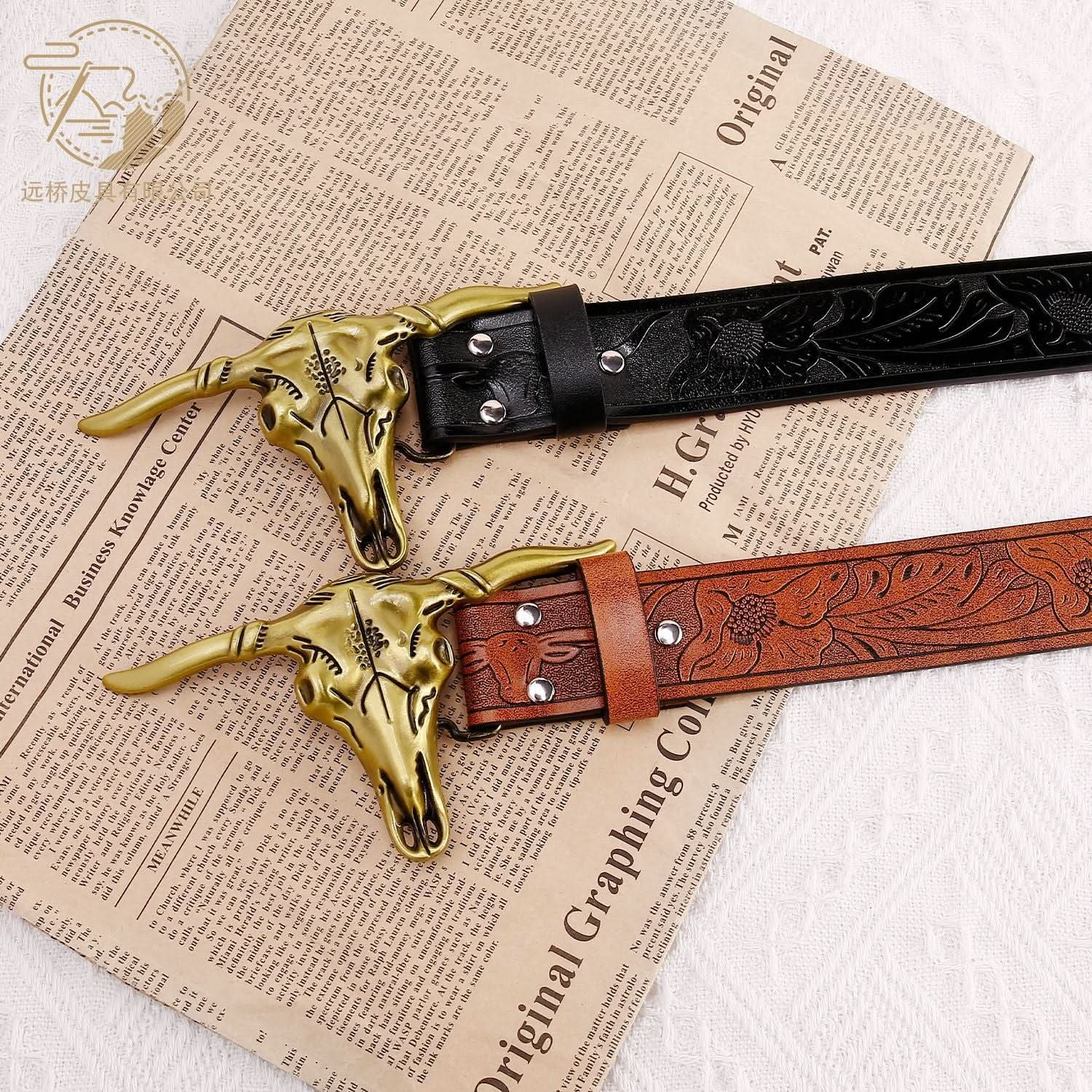Men’s Leather Belt with Longhorn Skull Buckle