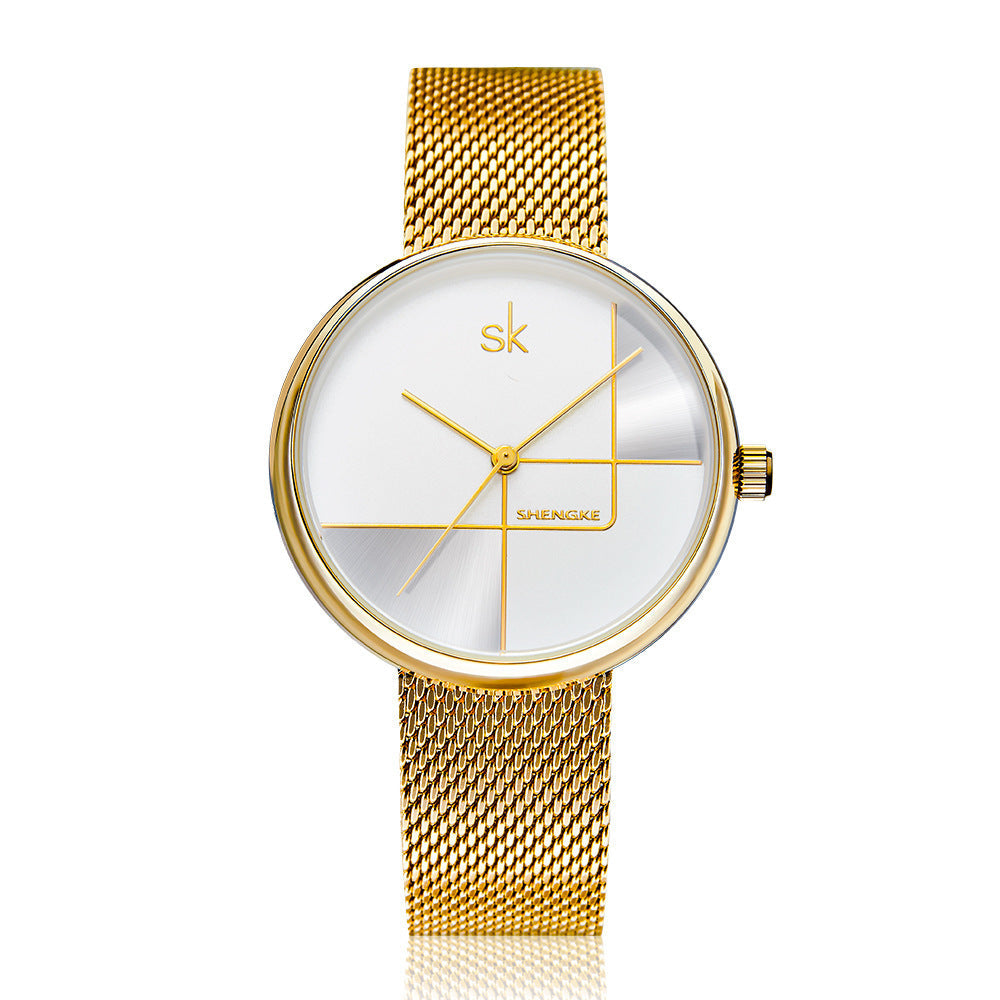 SK Women’s Quartz Watch – Stainless Steel Mesh Strap, Waterproof Fashion Wristwatch