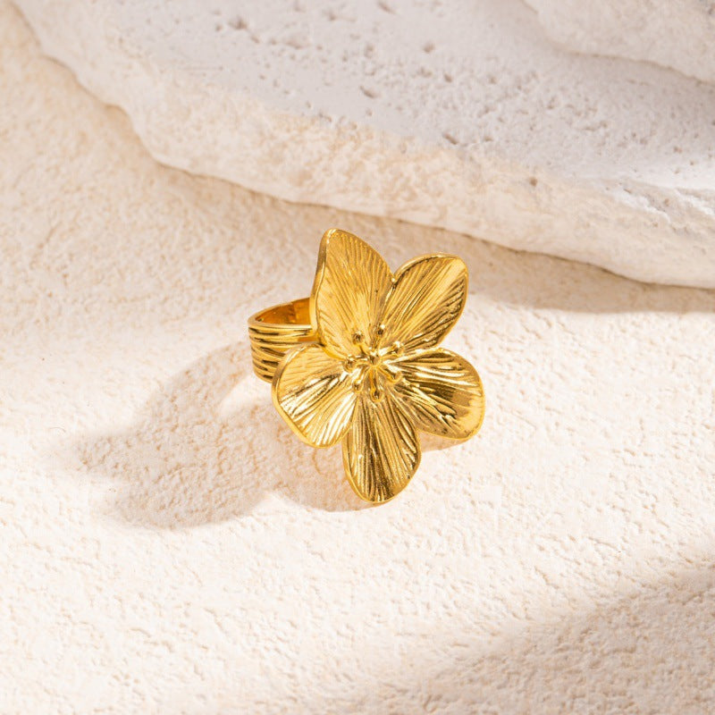 Gold Floral Statement Ring for Women – Adjustable Stainless Steel Blossom Design