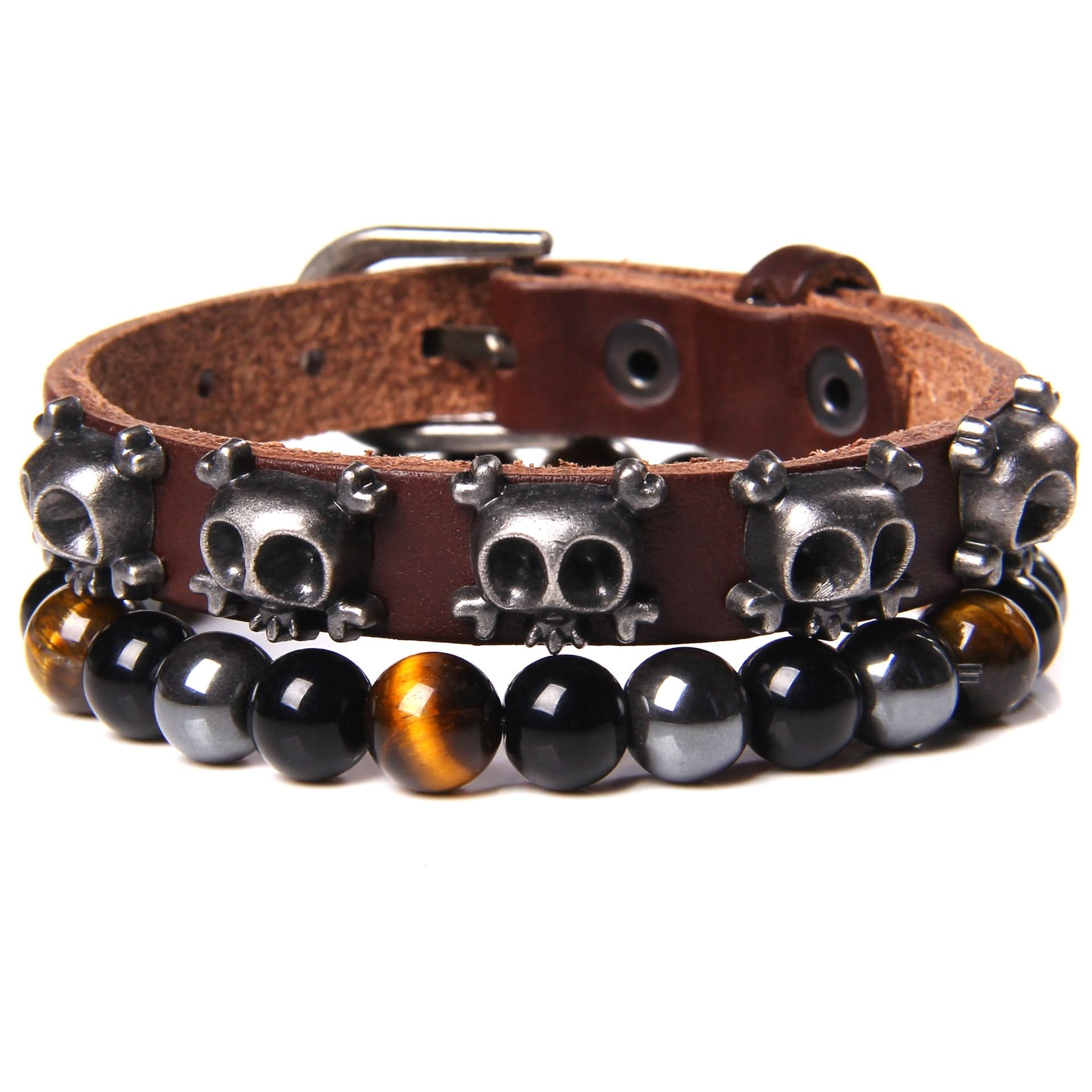 Unisex Tiger Eye & Agate Bead Bracelet – Punk Rock Rivet Design