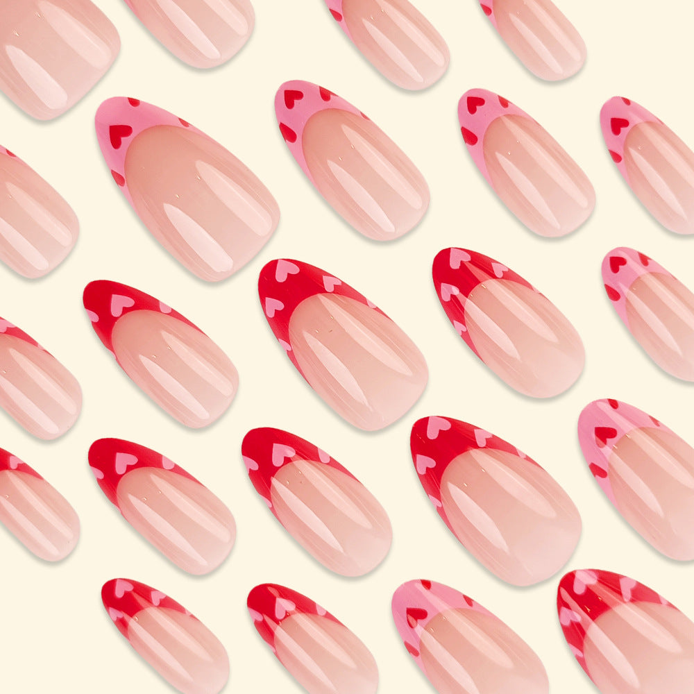 Cute French Tip Press-On Nails with Heart Design, Acrylic Glue-On Nails