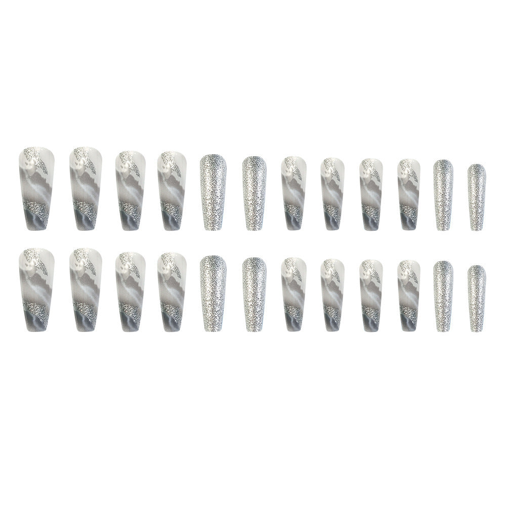 Marble Glitter Press-On Nails – Square Silver & White Acrylic Glue-On Set