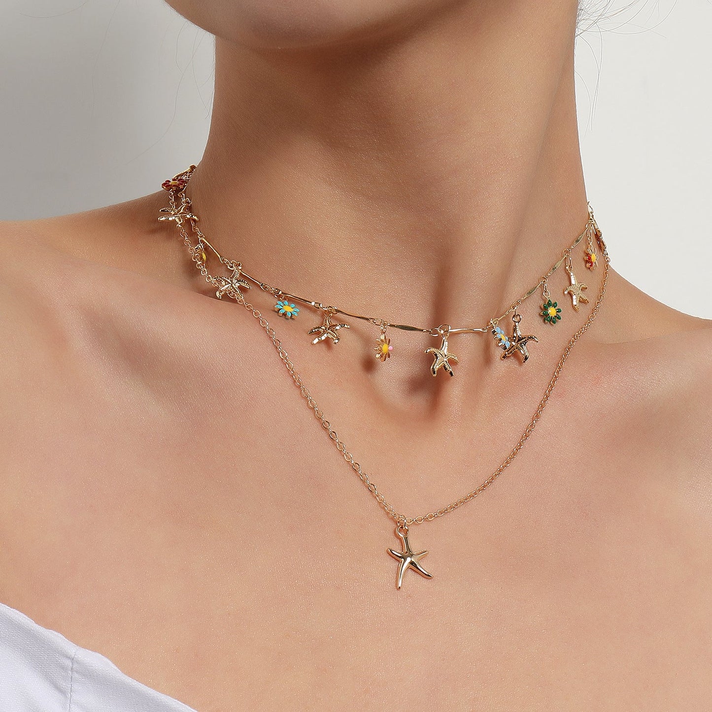 Hawaiian Starfish Flower Necklace for Women – Gold Drip Glaze Pendant Layered Jewelry