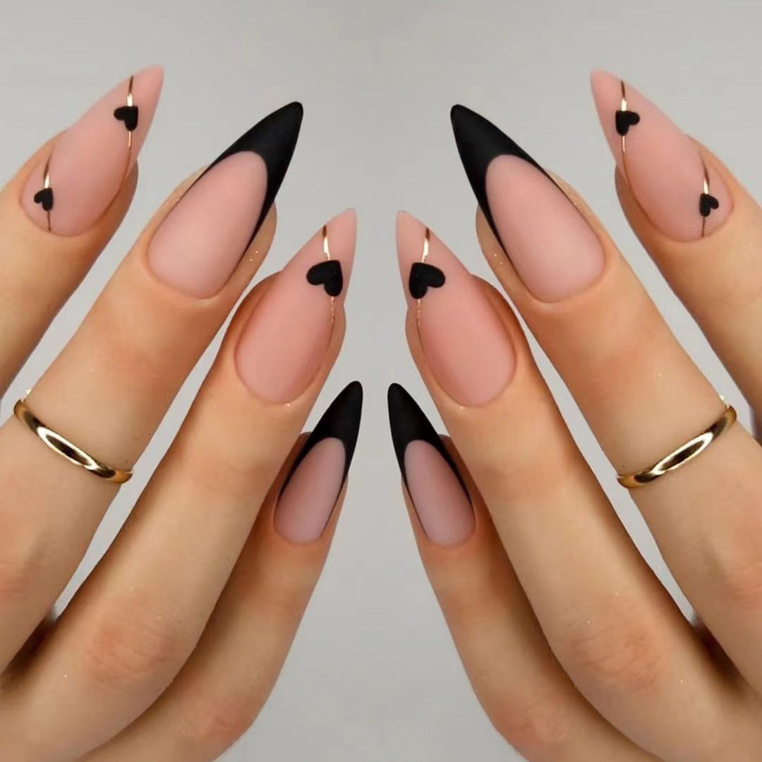 Long Stiletto Black French Tip Press-On Nails with Heart Accent – Glue On