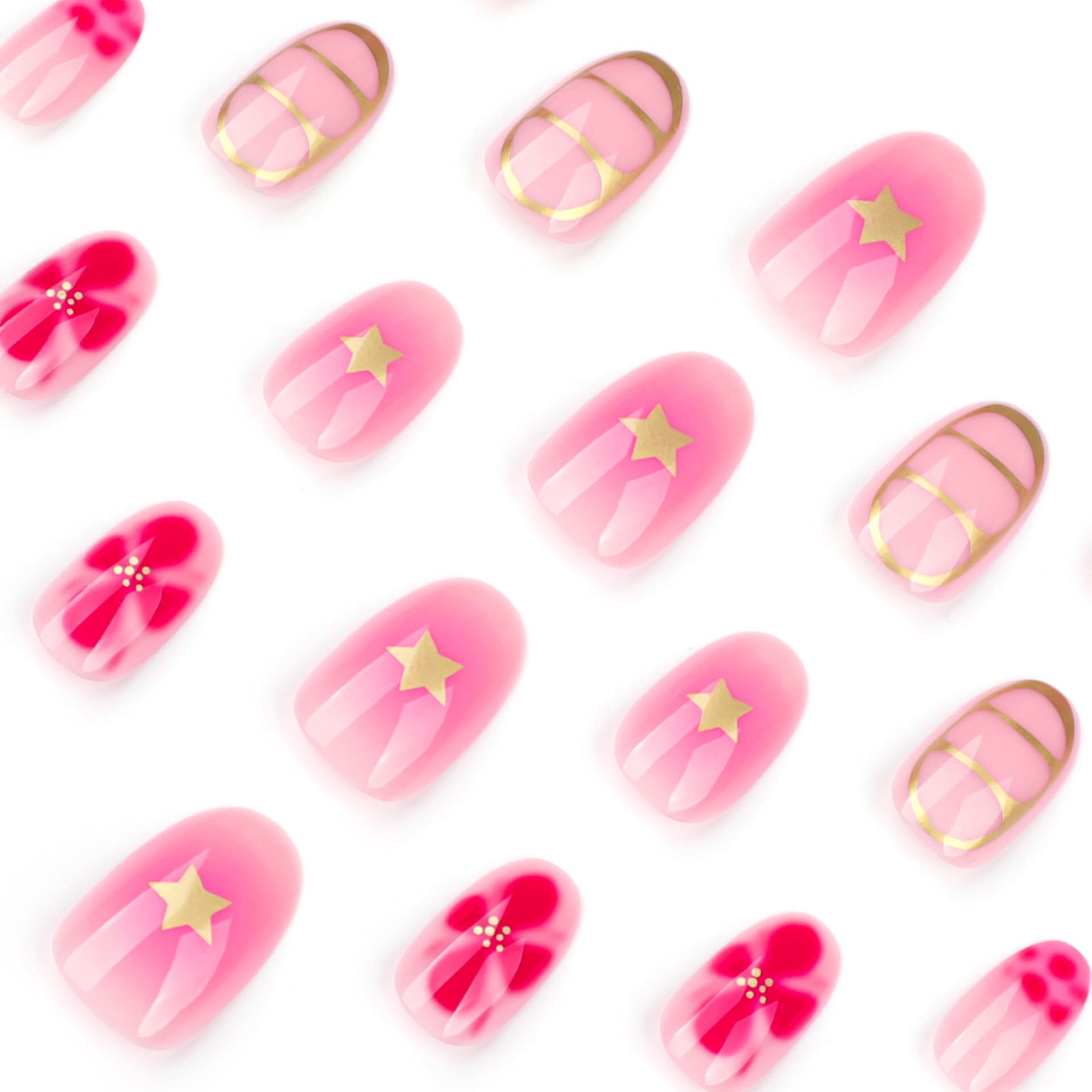 Floral Star Press-On Nails – Short Round Reusable Fake Nails