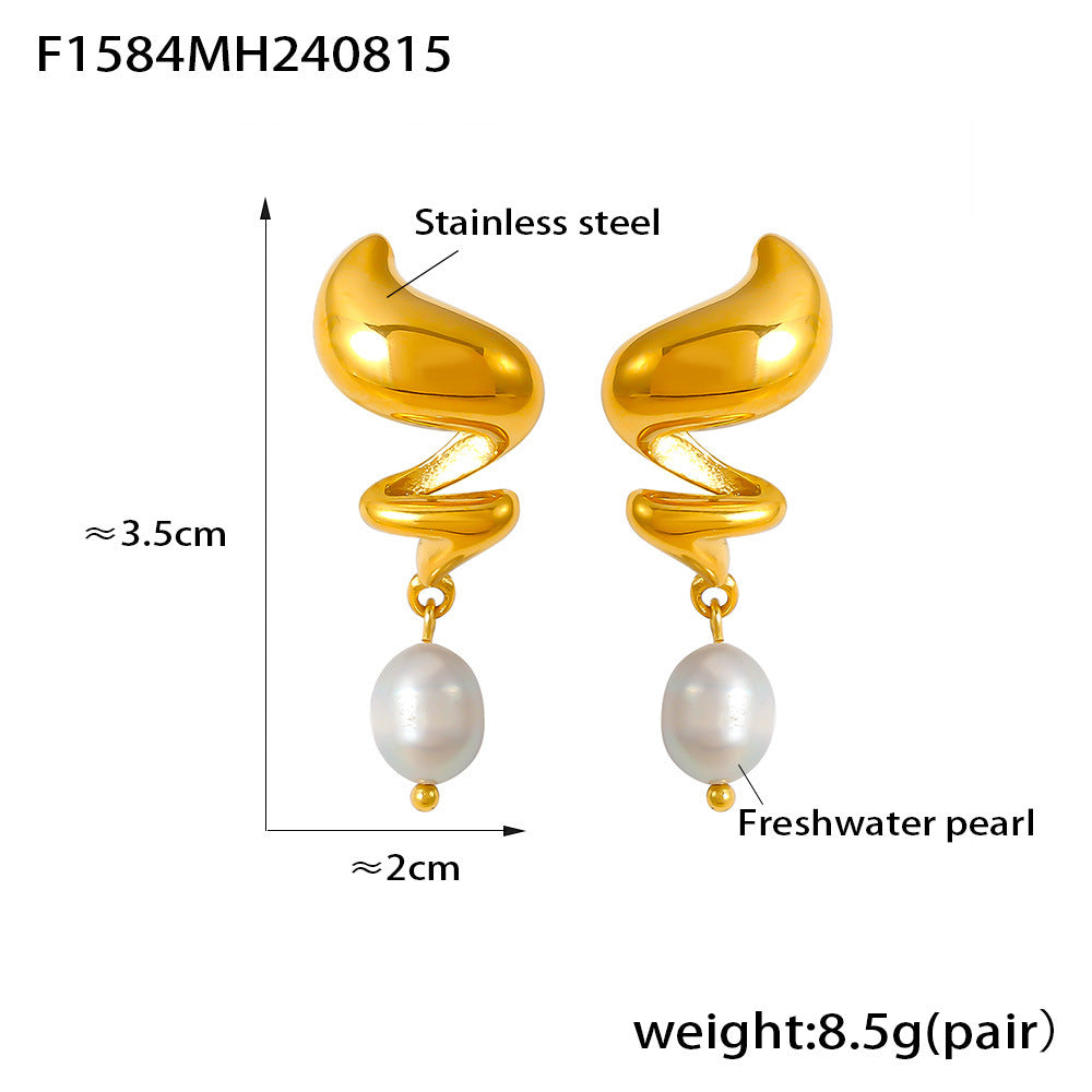 Gold-Plated Freshwater Pearl Earrings – Geometric Stainless Steel Jewelry for Women
