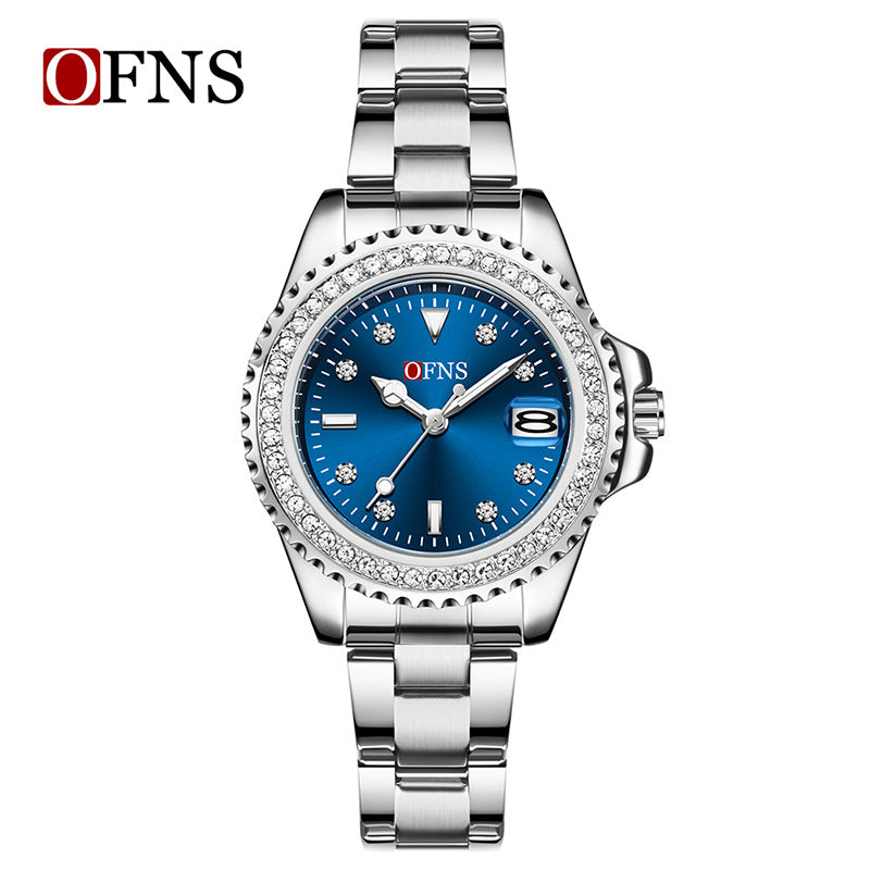 OFNS Women’s Luxury Quartz Watch – Diamond Inlaid Dial, Calendar Display, Steel Strap