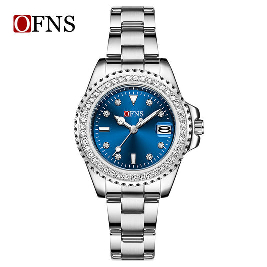 OFNS Women’s Luxury Quartz Watch – Diamond Inlaid Dial, Calendar Display, Steel Strap