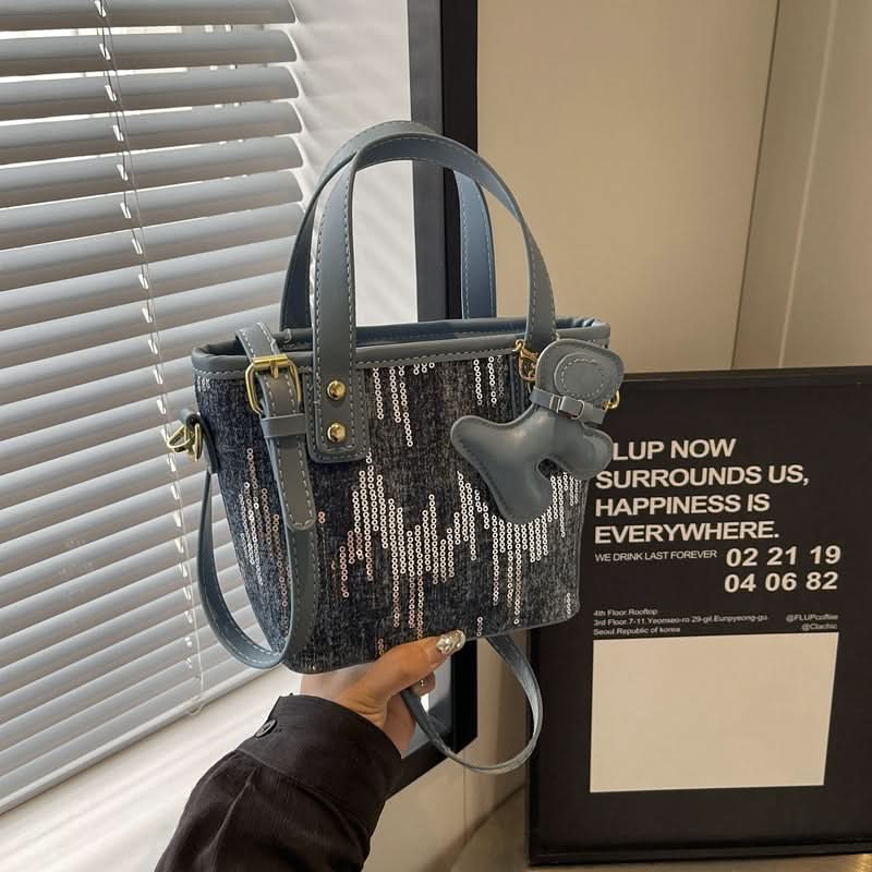 Women's Trendy Sequin Bucket Bag – Small PU Leather Handbag